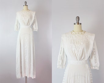 antique white cotton dress / 1910s lawn dress / Edwardian wedding dress / antique lace tea dress / Armsea Hall dress