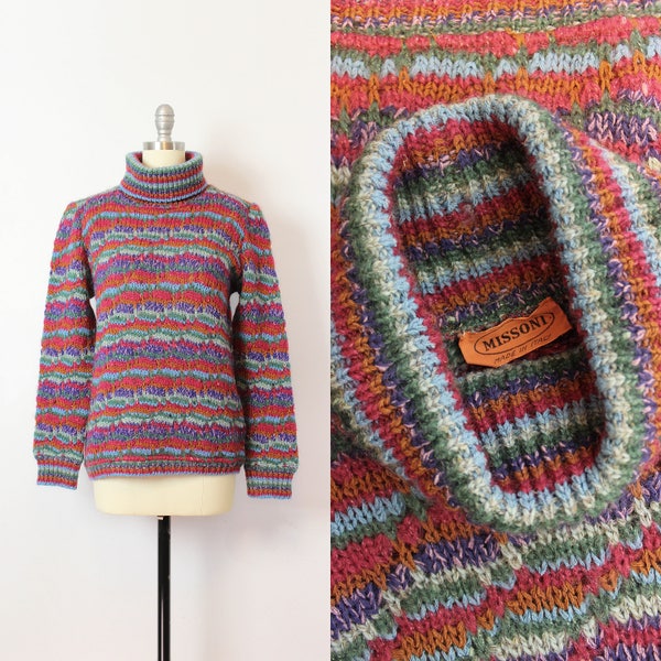 vintage 80s MISSONI sweater / 1980s designer wool sweater / wavy autumn striped sweater / turtleneck sweater