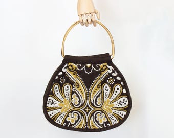 Bolso de tapiz vintage de los años 70 / Bolso floral tejido de los años 70 / Bolso con asa de bambú / Bolso de tapiz con asa superior / Bolso floral tejido ornamentado / Bolso tote de tapiz