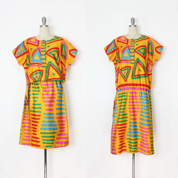 vintage 80s print dress / 1980s FENNO SPORT dress / pop art dress / memphis group dress / avant garde dress / striped dress