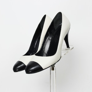 1990s Chanel Black and White Leather Logo Mules Heels Shoes