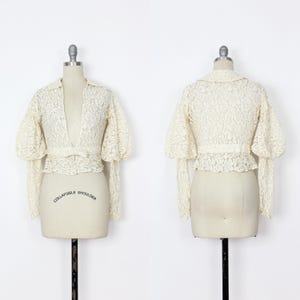vintage 30s lace jacket / 1930s wedding jacket / mutton sleeve jacket top / sheer lace jacket / puff sleeve jacket / cream lace jacket
