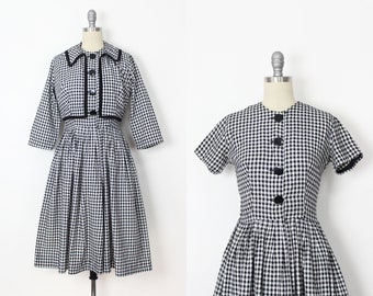 vintage 50s cotton dress set / 1950s black white dress / 1950s gingham dress / gingham summer dress / dress jacket set / houndstooth dress