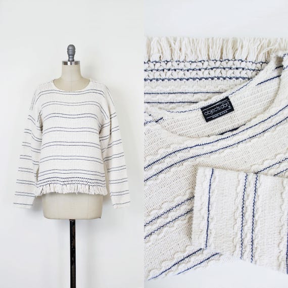 vintage cotton fringe sweater / 1980s cotton sweater / striped cotton sweater / cotton jumper / blue white sweater / boxy sweater