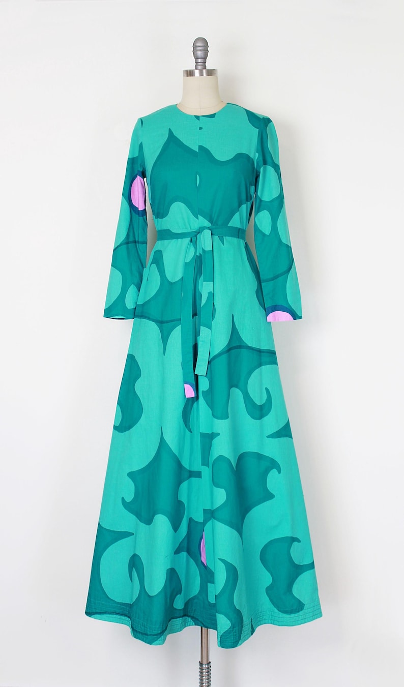 Vintage 60-tals MARIMEKKO-klänning / 1960-tals op art-klänning / Annika Rimala Finland-klänning / grafisk maxiklänning / A-linjeklänning i bomull / designerklänning från 60-talet bild 2