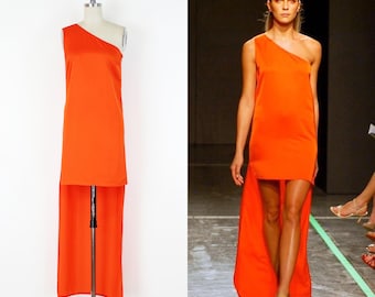 vintage 2000s Stella McCartney dress / one shoulder maxi dress / hi lo hem dress / minimalist dress / orange satin dress / mini dress