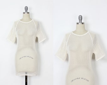 vintage mesh mini dress / cotton knit mesh top dress / military mesh top / cream net mesh top / fishnet mini dress / sheer mesh dress