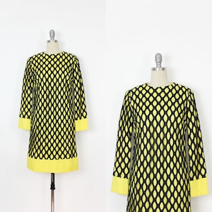 vintage visnetjurk jaren 60 / jaren 60 mod net-jurk / felle neonjurk / gele zwarte jurk / mod 60s jurk / geometrische jurk / op-art jurk
