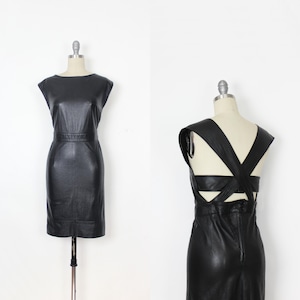 vintage leather dress / 1980s MICHAEL HOBAN dress / North Beach leather dress/ avant garde dress / open back dress/ sci fi leather dress