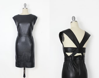 Vestido de cuero vintage / Vestido MICHAEL HOBAN de los años 80 / Vestido de cuero North Beach / Vestido vanguardista / Vestido con espalda abierta / Vestido de cuero de ciencia ficción
