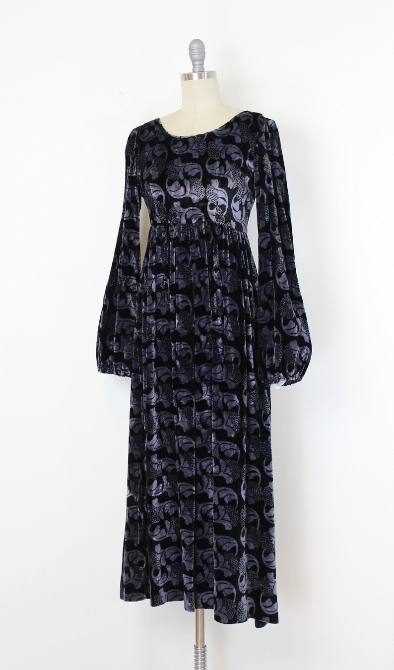 May include: A long, black velvet dress with a gray floral pattern. The dress features long, voluminous sleeves and a fitted bodice that flows into a full skirt. The dress is displayed on a mannequin against a white background.