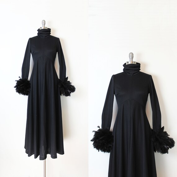 vintage 70s dress / 1970s black feather dress / fe