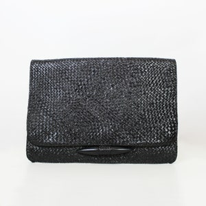 vintage 70s straw bag / 1970s black straw clutch purse / oversized straw bag / straw wood envelope clutch / big straw summer bag
