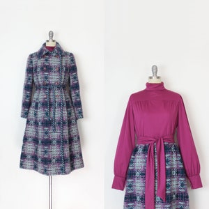 vintage 1960s coat dress set / 1960s purple blue coat / wool tweed coat / belted wool coat / purple wool dress / vintage plaid wool coat