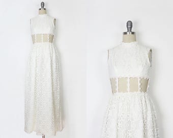 vintage 60s floral lace dress / 1960s cut out waist dress / 1960s wedding dress / white crochet lace dress / cage waist dress / daisy dress