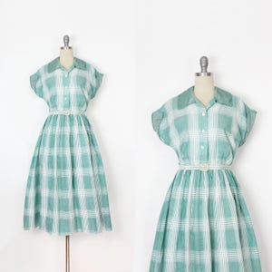 vintage 50s dress / 1950s plaid cotton dress / sage green white dress / 1950s spring summer dress / plaid sundress / fit flare plaid dress
