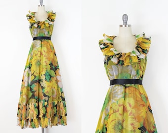 Vestido vintage de gasa floral de los años 70 / Vestido floral de otoño de los años 70 / Vestido de gasa con volantes / Fred Perlberg / Vestido amarillo y negro