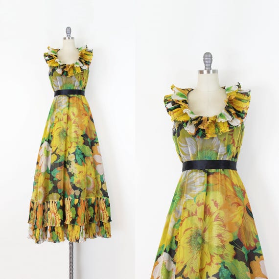 vintage 70s floral chiffon dress / 1970s fall autumn floral dress / tiered chiffon dress / Fred Perlberg / yellow black dress