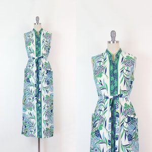 vintage 60s print maxi dress / 1960s hostess dress / Asian floral print dress / tiki print dress / cotton shift dress / bold floral dress