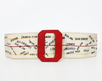 vintage 40s belt / 1940s novelty belt / 1940s hep talk belt / vintage slang print belt / canvas wood belt / wide 40s belt / rare 1940s belt