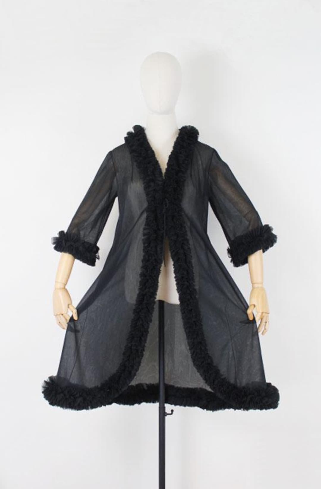 Vintage 50s Black Chiffon Robe / 1950s Sheer Black Robe / Ruffled ...