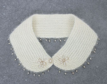 vintage 50s knit collar / 1950s angora collar / beaded knit collar / 1950s beaded collar / cream angora collar / faux pearl collar