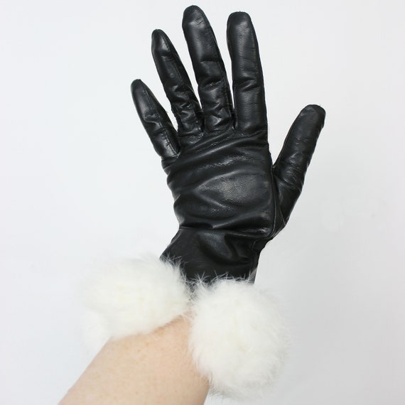 vintage leather fur gloves / fur pom pom gloves /… - image 1