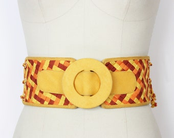 vintage BOTTEGA VENETA belt / designer belt / wide intrecciato woven fabric belt / corset cinch belt / lace up belt / orange yellow belt