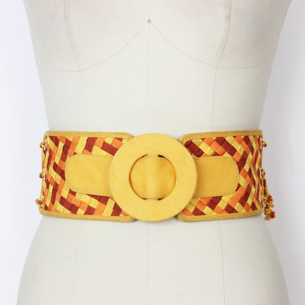 vintage BOTTEGA VENETA belt / designer belt / wide intrecciato woven fabric belt / corset cinch belt / lace up belt / orange yellow belt
