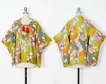 vintage 40s haori / 1940s kimono jacket / haori robe / Japanese floral jacket / chartreuse haori / chartreuse kimono jacket