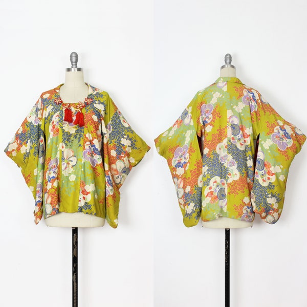 vintage 40s haori / 1940s kimono jacket / haori robe / Japanese floral jacket / chartreuse haori / chartreuse kimono jacket