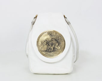 bolso vintage HARRY ROSENFELD / bolso de cuero blanco de la década de 1970 / bolso de cuero de latón / bolso de arte de 1700 / artista Nicolas Lancret