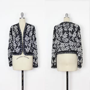 vintage 80s DIANE FREIS beaded jacket / 1980s beaded silk jacket / black white beaded jacket / floral beaded jacket / evening jacket
