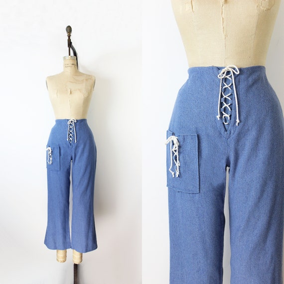 vintage 70s pants / 1970s lace up sailor pants / l