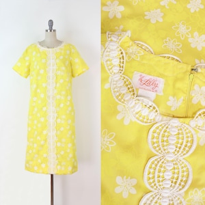 vintage 70s LILLY PULITZER dress / 1970s floral cotton dress / floral shift / yellow white dress / 1970s summer dress / Lilly Pulitzer large