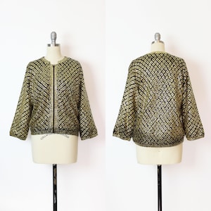 vintage 50s cardigan / 1950s sequined cardigan / gold black sequin cardigan / 1950s wool beaded cardigan / holiday sweater