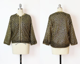 vintage 50s cardigan / 1950s sequined cardigan / gold black sequin cardigan / 1950s wool beaded cardigan / holiday sweater