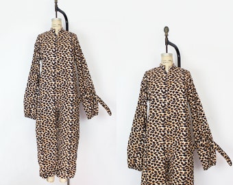 vintage leopard costume / 1960s leopard costume with tail / cotton flannel jumpsuit / leopard jumpsuit / vintage Halloween costume