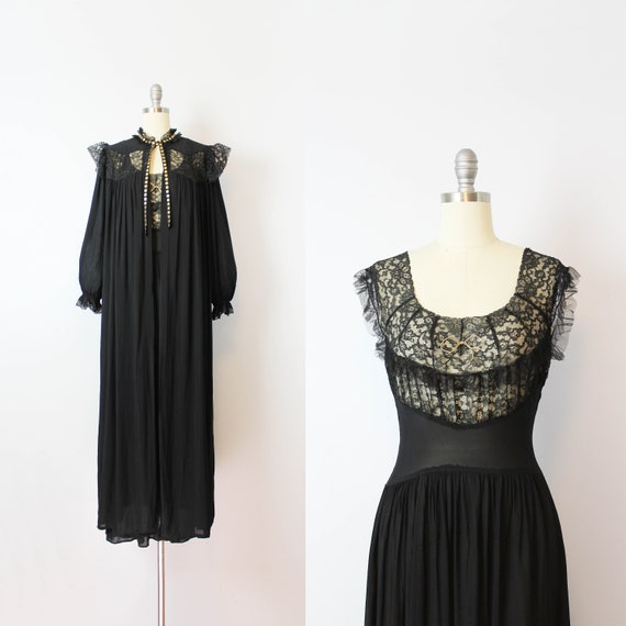 vintage 40s peignoir set / 1940s black rayon chiff