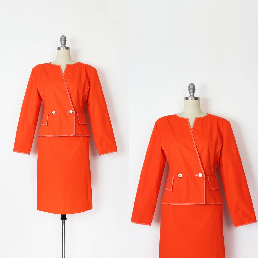 Vintage COURREGES Skirt Suit / 1980s Designer Suit Set / Orange Jacket