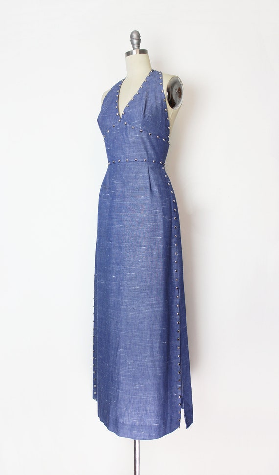 vintage 70s chambray dress / 1970s studded maxi d… - image 3