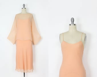 vintage 70s HALSTON dress / 1970s silk chiffon dress set / Halston chiffon dress / peach chiffon dress / designer 70s dress