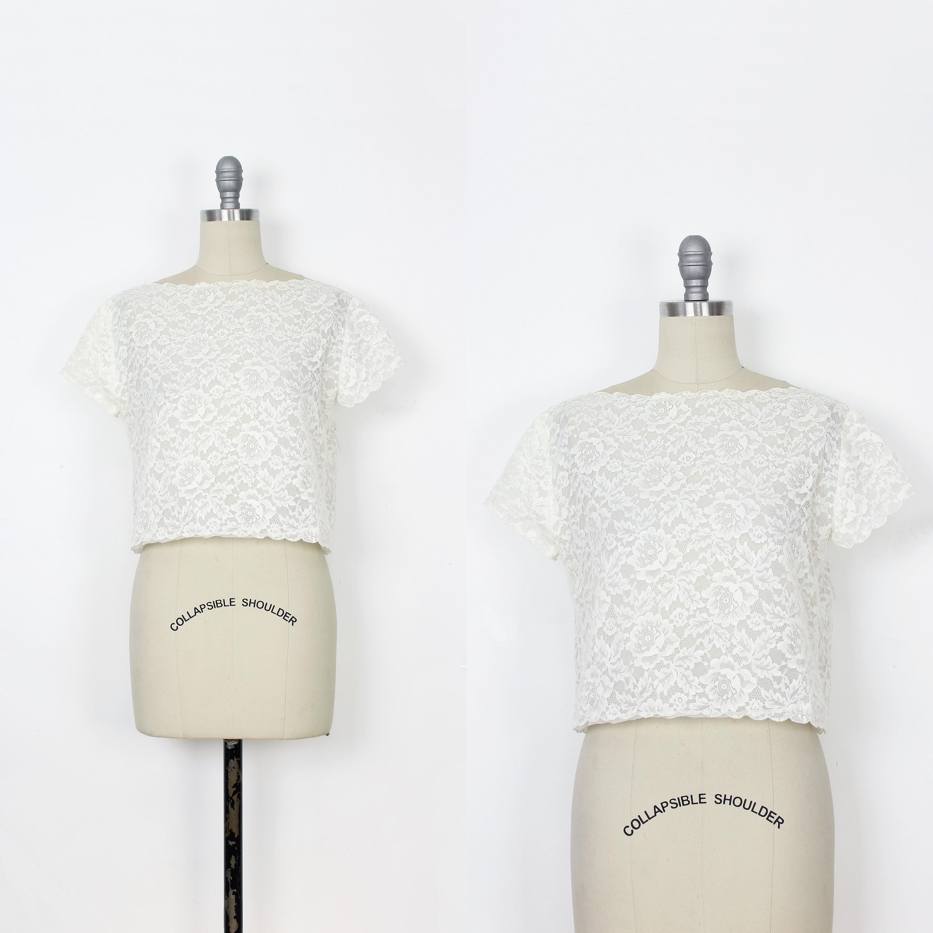 Vintage 50s Lace Blouse / 1950s White Lace Top / Sheer Lace