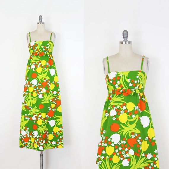 vintage 70s MALIA dress / 1970s Hawaiian dress / 1970s floral dress / tiki dress / floral cotton dress / green floral dress