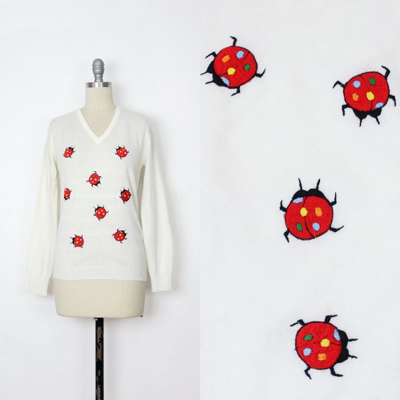 vintage ladybug sweater / 1970s novelty sweater / 