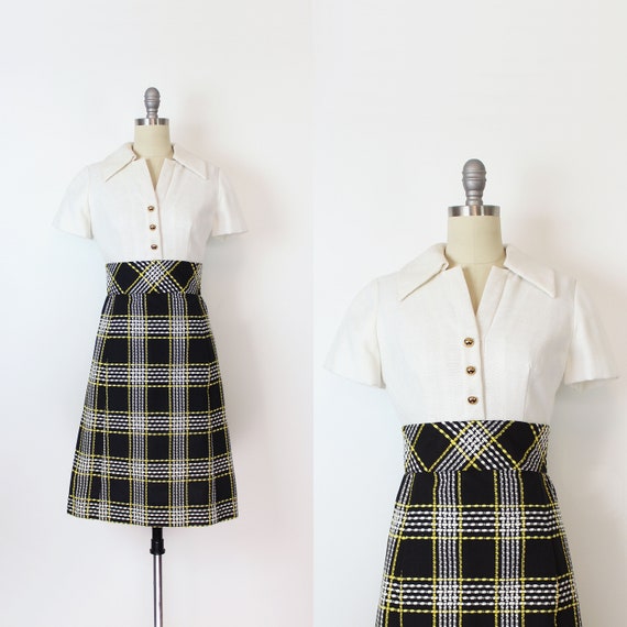 vintage 60s dress / 1960s plaid dress / black whit