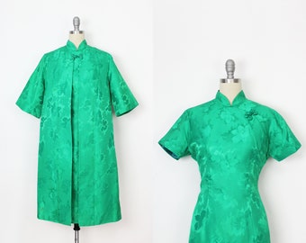 vintage 50s cheongsam / 1950s green coat dress set / 1950s floral satin coat dress / spring dress coat set / 1950s cheongsam