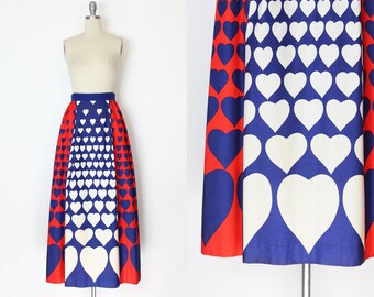 vintage heart print skirt / 1970s LANZ skirt / novelty print maxi skirt / op art print skirt / valentine love print skirt / mod cotton skirt