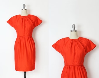 vintage 80s BILL BLASS dress / 1980s silk dress / designer 80s dress / orange silk dress / silk sheath dress / draped silk dress