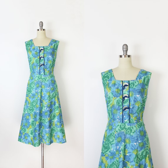 vintage 50s dress / 1950s floral sundress / blue g